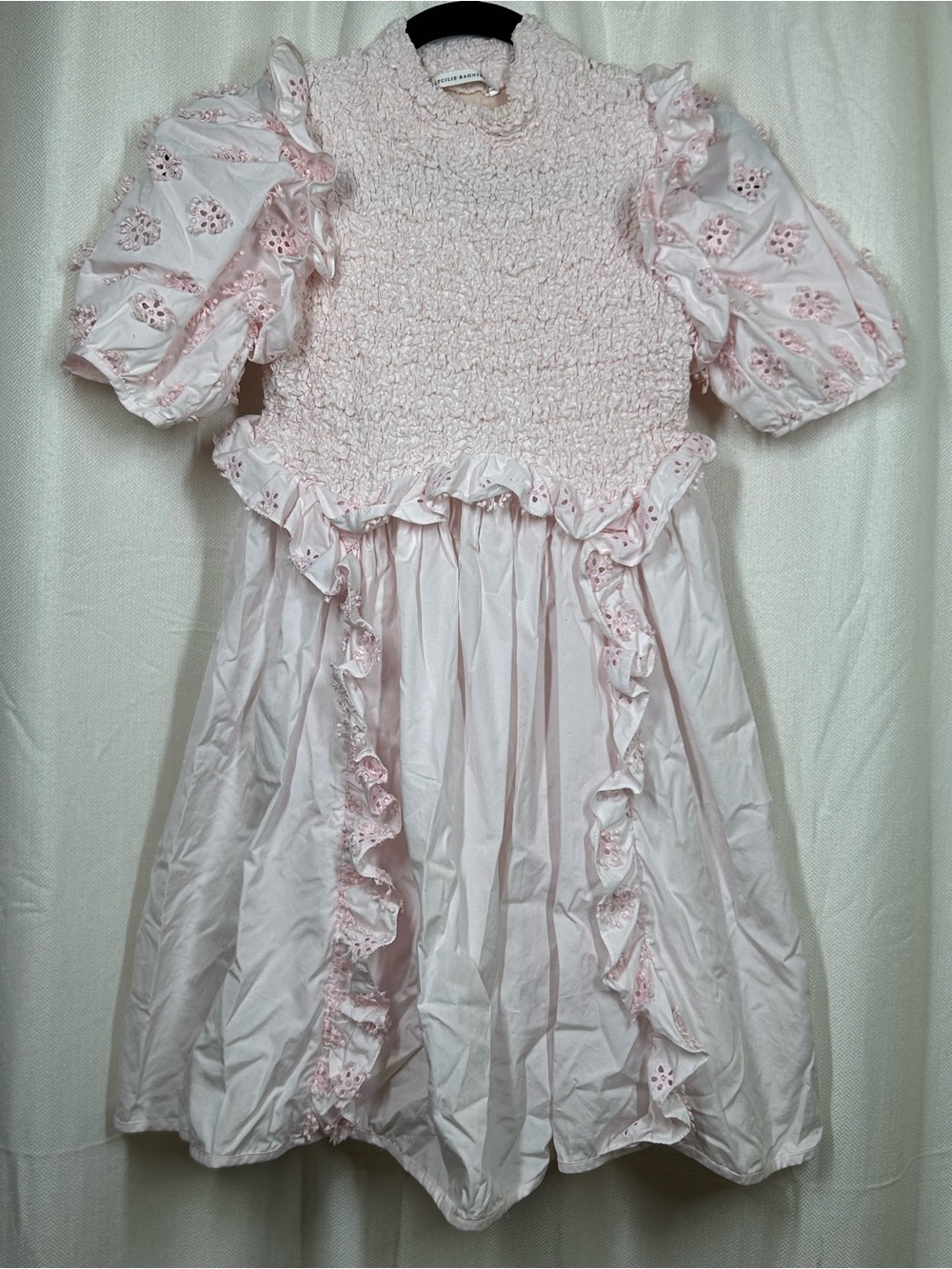 Cecilie Bahnsen Ula Mini Dress Sz 2 Smocked Eyelet Light Pink Ruffles